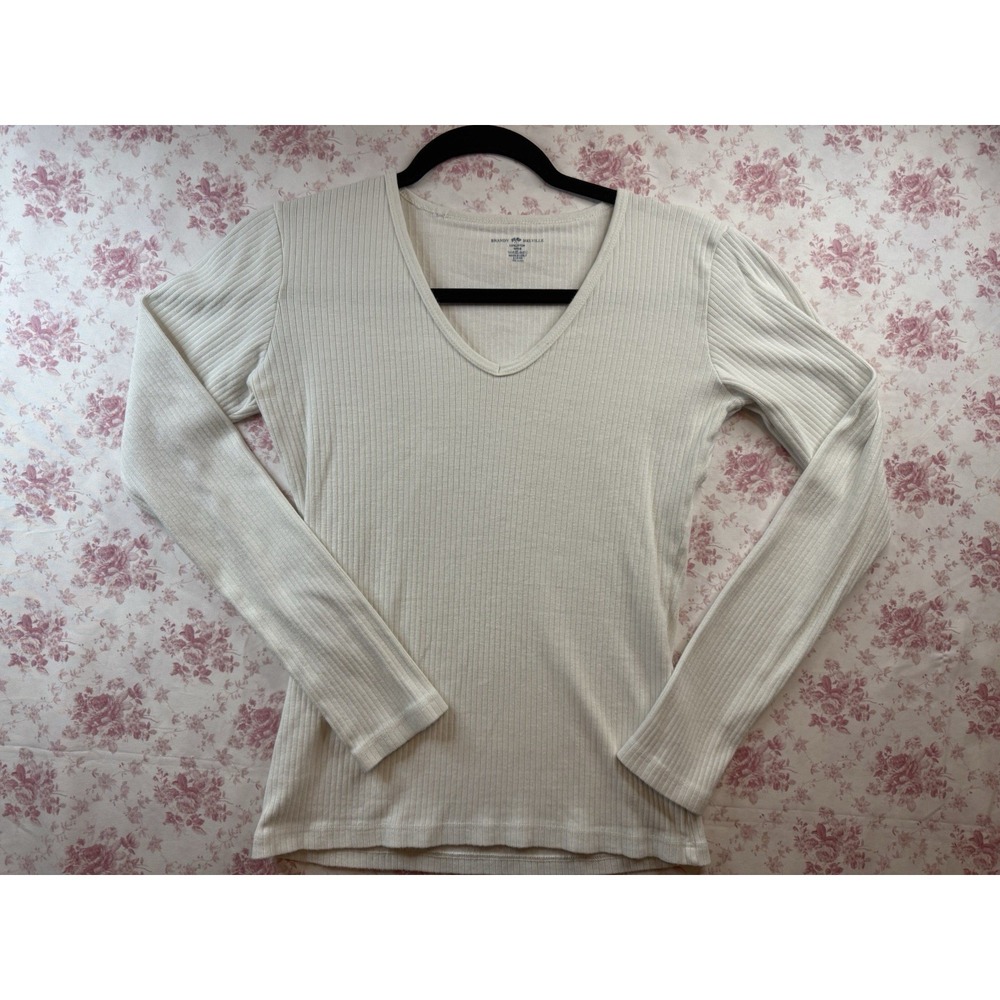 Brandy Melville White Ribbed V-Neck Long Sleeve Top One Size